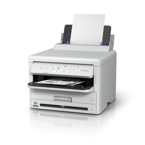 מדפסת הזרקת דיו שחור-לבן Epson WorkForce Pro WF-M5399DW – מבט צד עם נייר מודפס