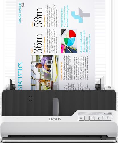 סורק מסמכים קומפקטי Epson DS-C490 – מבט מלפנים עם מסמך בהזנה