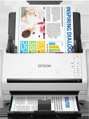 סורק מסמכים Epson WorkForce DS-530II – מבט מלפנים עם מגשים פתוחים ומסמכים