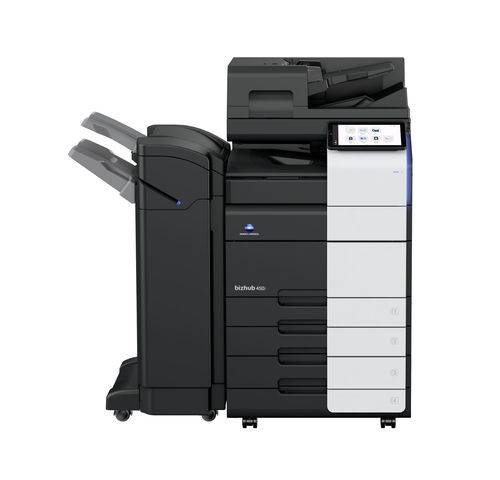 מכונת צילום משולבת Konica Minolta bizhub 450i עם יחידת גימור – מבט חזיתי