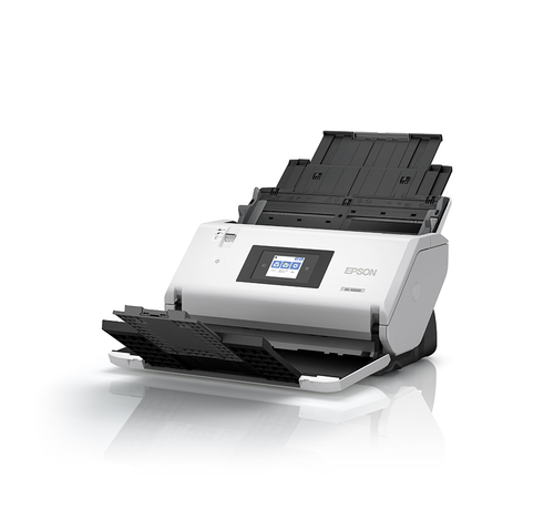 סורק מסמכים A3 Epson WorkForce DS-32000 – מבט אלכסוני מלפנים עם מגשים פתוחים