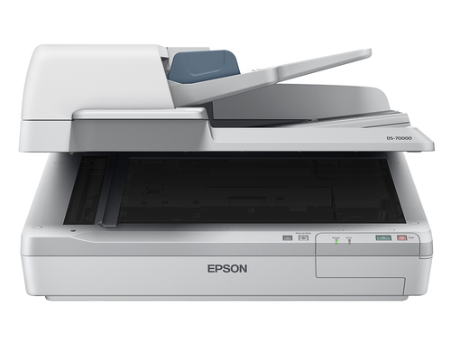 סורק מסמכים Epson WorkForce DS-70000 – מבט קדמי עם מכסה פתוח ומשטח זכוכית