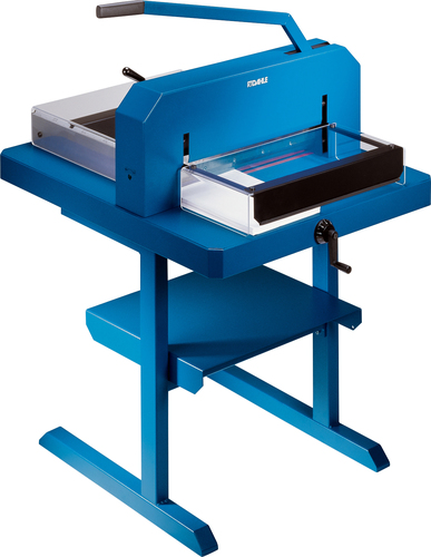 גליוטינה Dahle 848 – מבט חזית על מעמד, עם מגן שקוף וידית כוונון