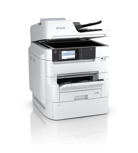 מדפסת משולבת הזרקת דיו Epson WF-C879RDTWF אפסון – מבט צד-חזית, מכסה הסורק פתוח