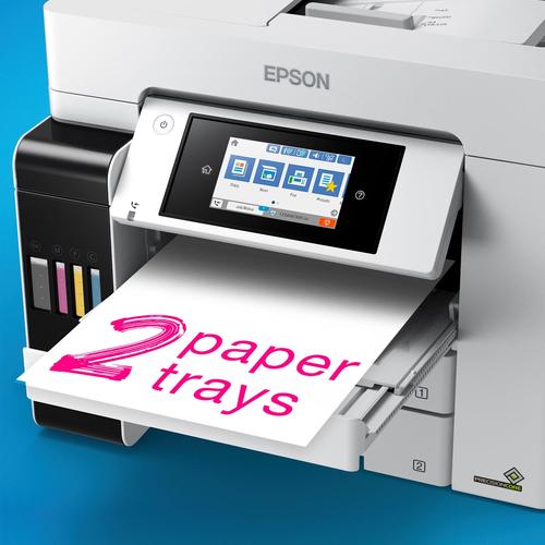 מדפסת משולבת Epson EcoTank Pro L6580 – תקריב לוח מגע ושני מגשי נייר