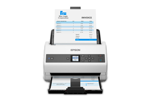 סורק מסמכים Epson WorkForce DS-970 – מבט חזית עם חשבונית במזין ובמגש היציאה