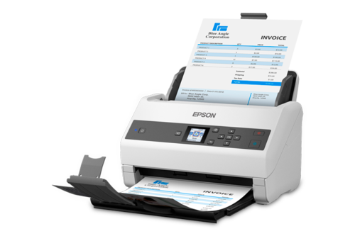 סורק מסמכים Epson WorkForce DS-970 – מבט צד שמאל אלכסוני עם נייר