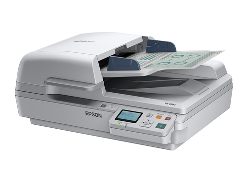 סורק מסמכים שטוח Epson WorkForce DS-6500 – מבט צד שמאל אלכסוני עם מזין מסמכים