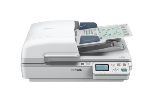 סורק מסמכים שטוח Epson WorkForce DS-6500 – מבט חזית עם מסמך במזין