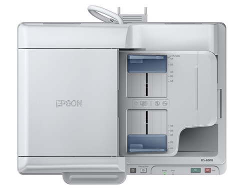 סורק מסמכים שטוח Epson WorkForce DS-6500 – מבט מלמעלה על המכסה ומגש המזין