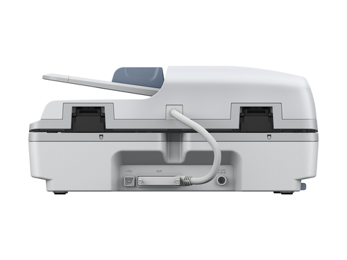 סורק מסמכים שטוח Epson WorkForce DS-6500 – מבט גב עם חיבורי USB, מזין וחשמל