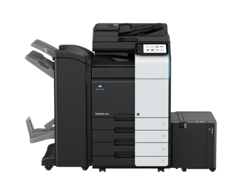 מכונת צילום משולבת צבעונית Konica Minolta bizhub C360i – מבט חזית עם פינישר ומגירת נייר גדולה