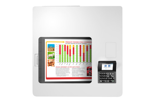 מדפסת לייזר צבעונית HP Color LaserJet Enterprise M554dn – מבט מלמעלה על מגש הפלט ולוח הבקרה