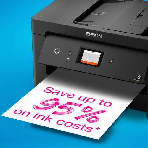 מדפסת משולבת Epson EcoTank L14150 – מבט אלכסוני עם דף מודפס