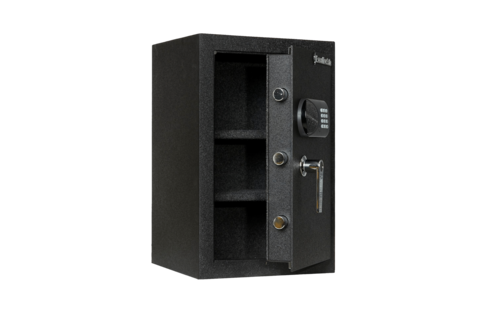 כספת ExecutiveSafe ACS-7 – מבט אלכסוני, דלת פתוחה עם מדפים