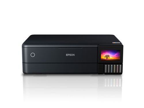 מדפסת הזרקת דיו משולבת Epson EcoTank L8180 – מבט מלפנים עם מסך מגע דולק
