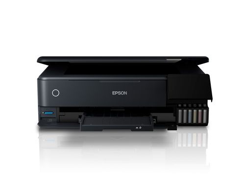 מדפסת הזרקת דיו משולבת Epson EcoTank L8180 – מבט מלפנים עם מכסה סורק פתוח ומגש פתוח