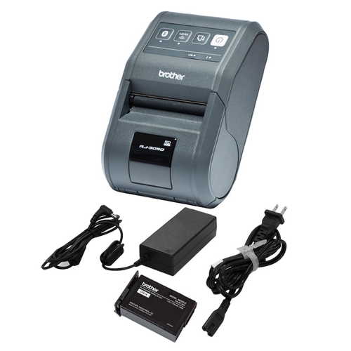 מדפסת תרמית ניידת Brother RJ-3050 – מבט חזיתי עם ספק כוח וסוללה מהערכה