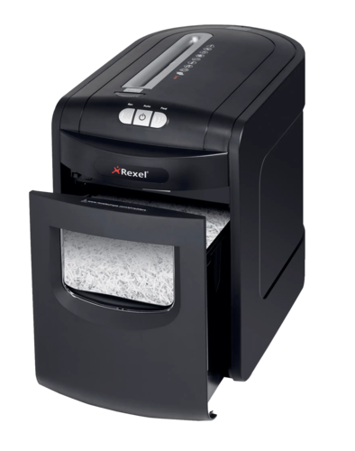 מגרסת נייר קרעים אנכיים REXEL MERCURY REX1023 – מגירת האיסוף פתוחה עם נייר גרוס