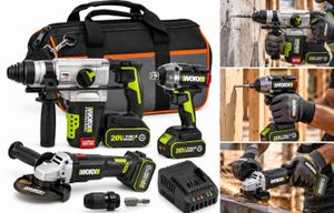  סט 3 כלים -משחזת זווית נטענת 20V WU812.99 WORX + פטישון נטען WU389 + מברגת בוקסה WU289.9 [ 2 סוללות 4 אמפר + מטען ]