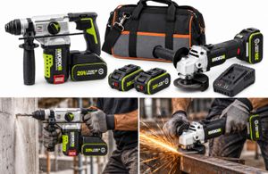  סט 2 כלים -משחזת זווית נטענת 20V WU812.99 WORX + פטישון נטען 26WU389 [ 2 סוללות 4 אמפר + מטען ]