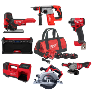 סט כלי עבודה מילווקי Milwaukee M18 מקצועי 7 כלים כולל אימפקט, ג׳יגסו, קומפרסור, משחזת, פטישון, רמקול ומסור עגול 