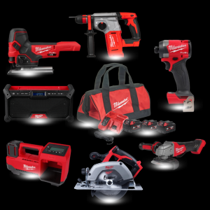סט כלי עבודה מילווקי Milwaukee M18 מקצועי 7 כלים כולל אימפקט, ג׳יגסו, קומפרסור, משחזת, פטישון, רמקול ומסור עגול 