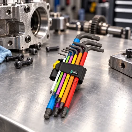 סט מפתחות אלן אינצ׳יים WERA 950/9 Hex-Plus על שולחן עבודה בסדנה מכנית