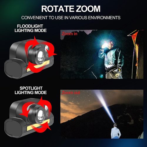 פנס ראש LED נטען 1000 לומן מקצועי עם מנגנון זום סיבובי, חיישן תנועה, תאורת COB רחבה, אור אדום וטעינת USB