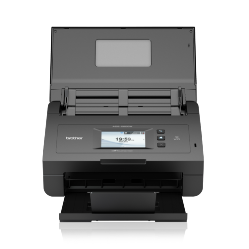 סורק שולחני Brother ADS-2600W אלחוטי עם מסך מגע - מבט קדמי עם מכסה מגש פתוח