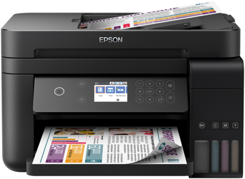 מדפסת משולבת Epson EcoTank L6170 - מבט קדמי עם הדפסה במגש ומסמך במזין