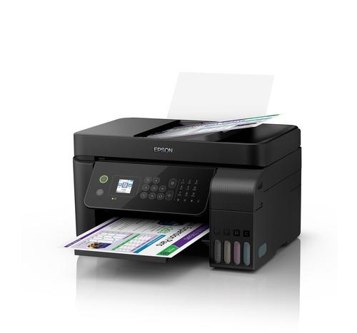 מדפסת הזרקת דיו משולבת Epson EcoTank L5190 - מבט זווית עם מכסה סורק פתוח ונייר