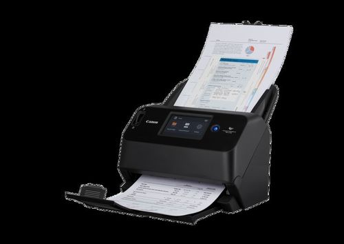 סורק Canon imageFORMULA DR-S150 עם מגש פתוח ומסמכים – מבט אלכסוני