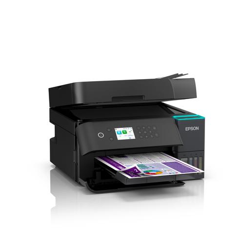 מדפסת משולבת דיו Epson EcoTank L6370 - מבט זווית עם מכסה סורק פתוח ומגש הדפסה