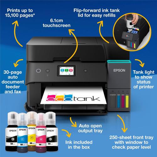 מדפסת משולבת Epson EcoTank L6390 עם מזין מסמכים, חזית ובקבוקי דיו