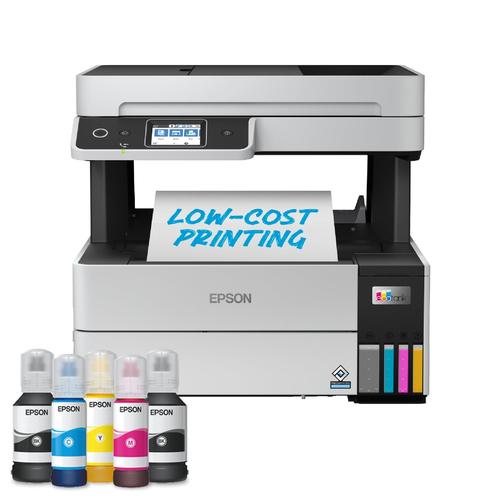 מדפסת משולבת צבעונית Epson EcoTank L6490 - מבט קדמי עם בקבוקי הדיו