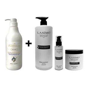 מארז החלקה לשיער בלונד: החלקה Blonde Repair Smooth 1000 מ"ל ווייט פלטיניום + שמפו, מסכה וסרום לאסימו LASIMO