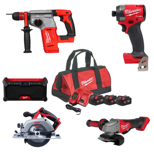 סט כלי עבודה מילווקי Milwaukee M18 מקצועי 5 כלים כולל 3 סוללות 5Ah, מטען מהיר ותיק