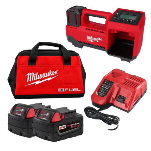 סט קומפרסור נטען Milwaukee M18 2848-20 כולל 2 סוללות 5Ah, מטען מהיר ותיק 