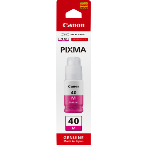 בקבוקון דיו מקורי Canon GI-40M מג׳נטה (אדום) – אריזה, מבט קדמי