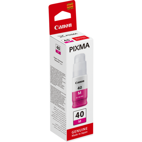 בקבוקון דיו מקורי Canon GI-40M מג׳נטה (אדום) – אריזה, מבט זוויתי