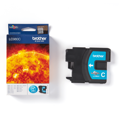 מחסנית דיו מקורית Brother LC980C כחול (ציאן) – אריזה ומחסנית זה לצד זה