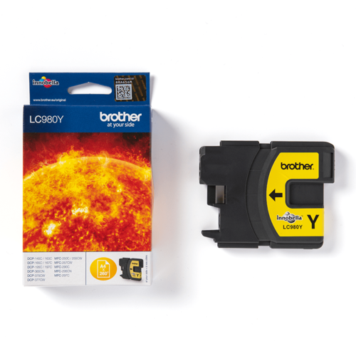 מחסנית דיו מקורית Brother LC980Y צהוב – אריזה ומחסנית זה לצד זה
