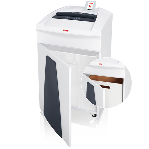 מגרסת משרד HSM Securio P40i - הדלת הקדמית פתוחה וחלל פח האיסוף נראה