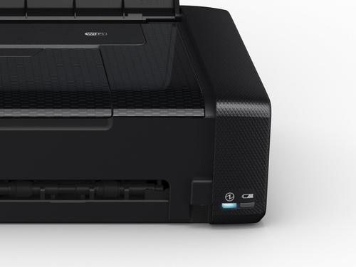 מדפסת הזרקת דיו ניידת Epson WorkForce WF-100W - תקריב צד ימין עם נורית סוללה ו-Wi-Fi
