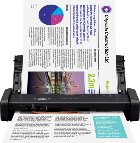 סורק מסמכים ניידים Epson WorkForce DS-310 – מבט חזית עם דפים בהזנה