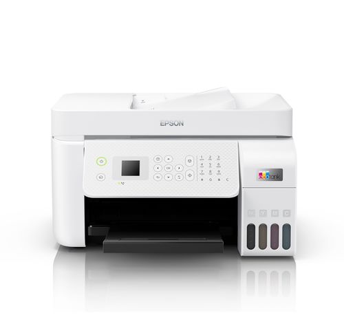 מדפסת הזרקת דיו משולבת Epson EcoTank L5296 לבנה עם ADF ופקס, מבט מלפנים