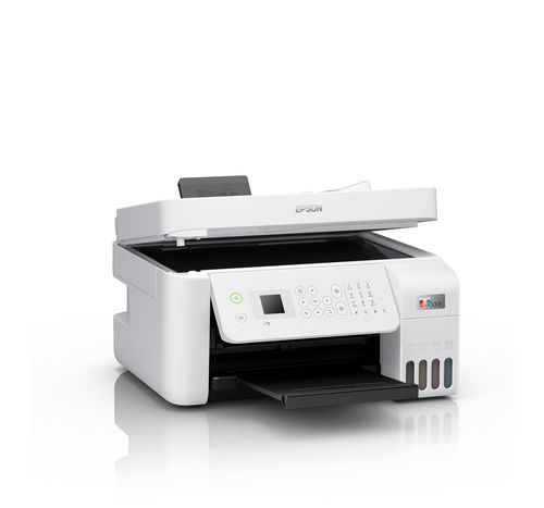 מדפסת הזרקת דיו משולבת Epson EcoTank L5296 עם מכסה הסורק פתוח, מבט בזווית
