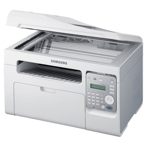 מדפסת לייזר משולבת שחור-לבן Samsung SCX-3405FW – מבט זוויתי מימין, מכסה הסורק פתוח
