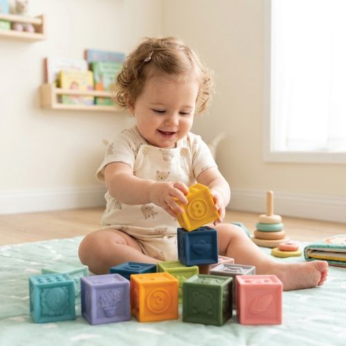12 קוביות משחק גמישות ומצפצפות לפעוטות עם תבליטי חיות ומספרים